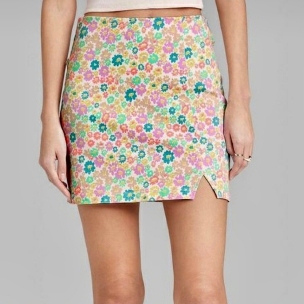 Wild Fable Floral Neon Daisy Stretchy Miniskirt, Front Slit, Pleated, 2 - Picture 2 of 10
